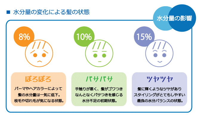 水分量の変化による髪の状態